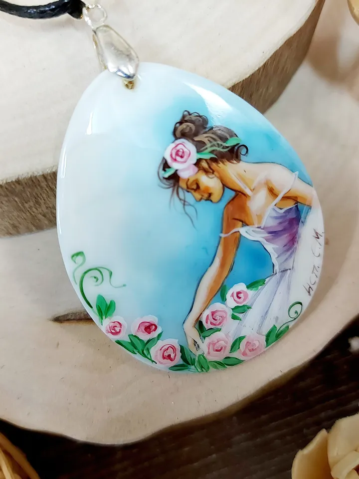 Mother of pearl Russian hand-painted Necklace pendant "Charming Ballerina" Hand paint necklace pendant