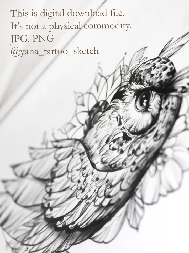 Owl Tattoo Designs For Females Owl And Flower Tattoo Sketch Fine Line Idea. Instant download JPG, PNG
