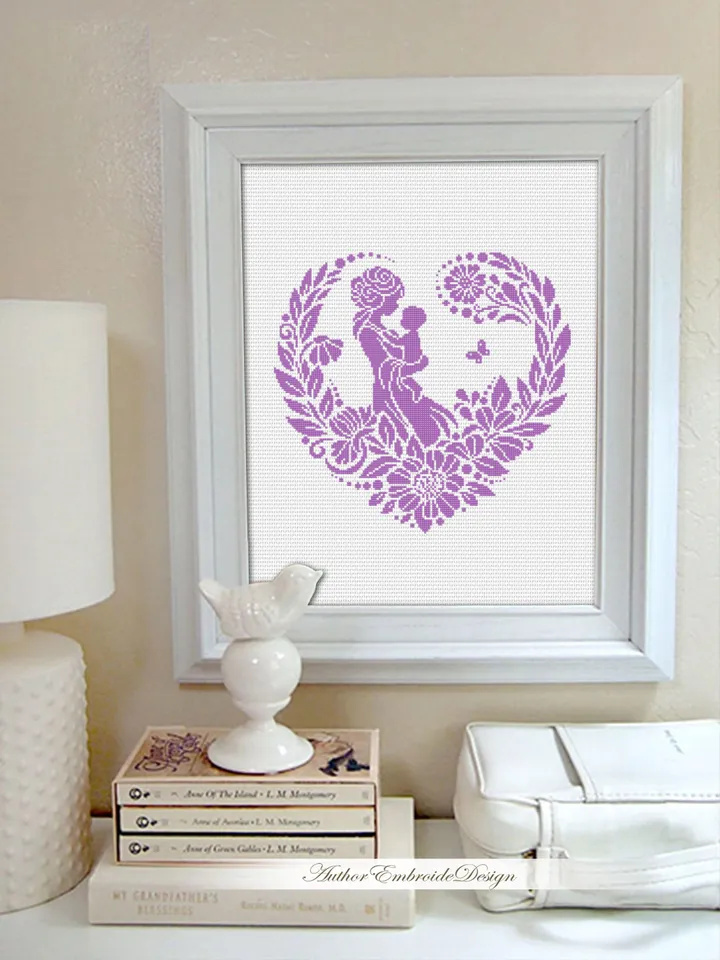 Silhouette mother baby cross stitch pattern PDF download Floral heart cross stitch chart, Monochrome pattern digital, Mothers day gift #O20