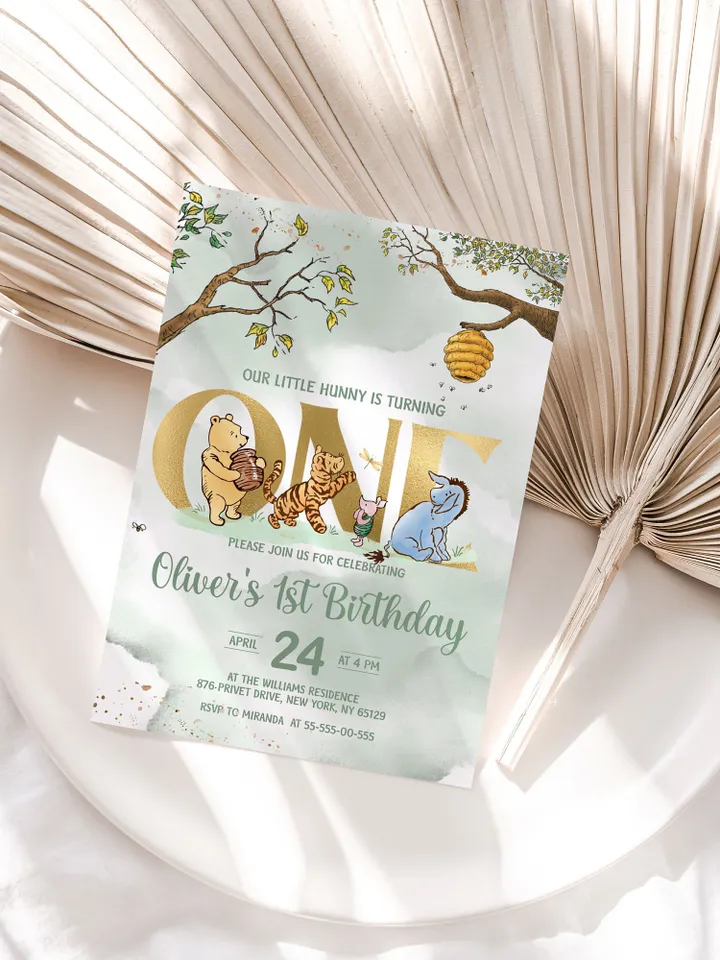 Classic Winnie Pooh Baby Birthday Invitation; Winnie Pooh Baby Birthday ; Greenery Baby Birthday; Honey Bear Birthday; Winnie Pooh wp