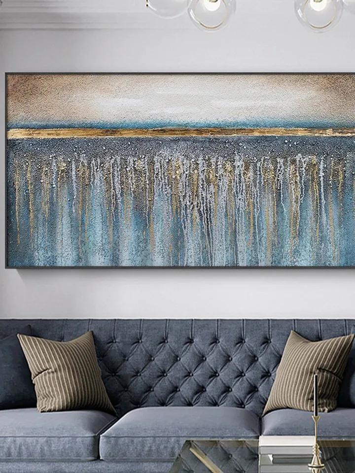 Hand-Painted Blue & Gold Oil Painting On Canvas Gold Foil Painting Flowing Painting Large Oil Painting Abstract Wall Art Spring Wall Decor