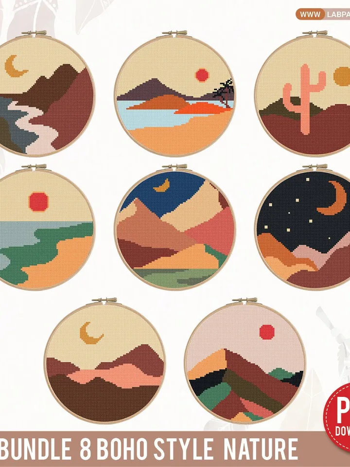 Bundle of 8 Boho Style Nature modern cross stitch pattern, home decor, digital, beginners, embroidery, counted, chart, gift DIY, instant PDF