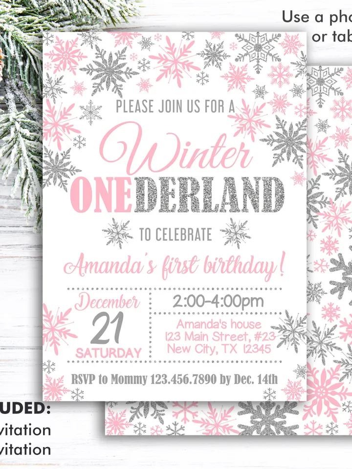 Winter Onederland Invitation Girl 1st Birthday Invitation, Winter Wonderland Birthday Invitation, First Birthday Snowflake Editable Template