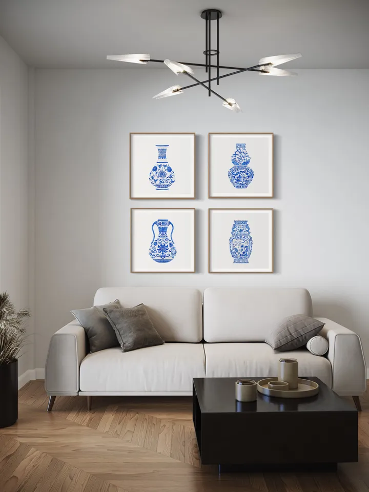 Blue Chinoiserie Set Of 4 Ginger Jars, Watercolor Painting, Vintage Chinoiserie, Chinese Vase Prints, Housewarming Gift, Chinoiserie Art