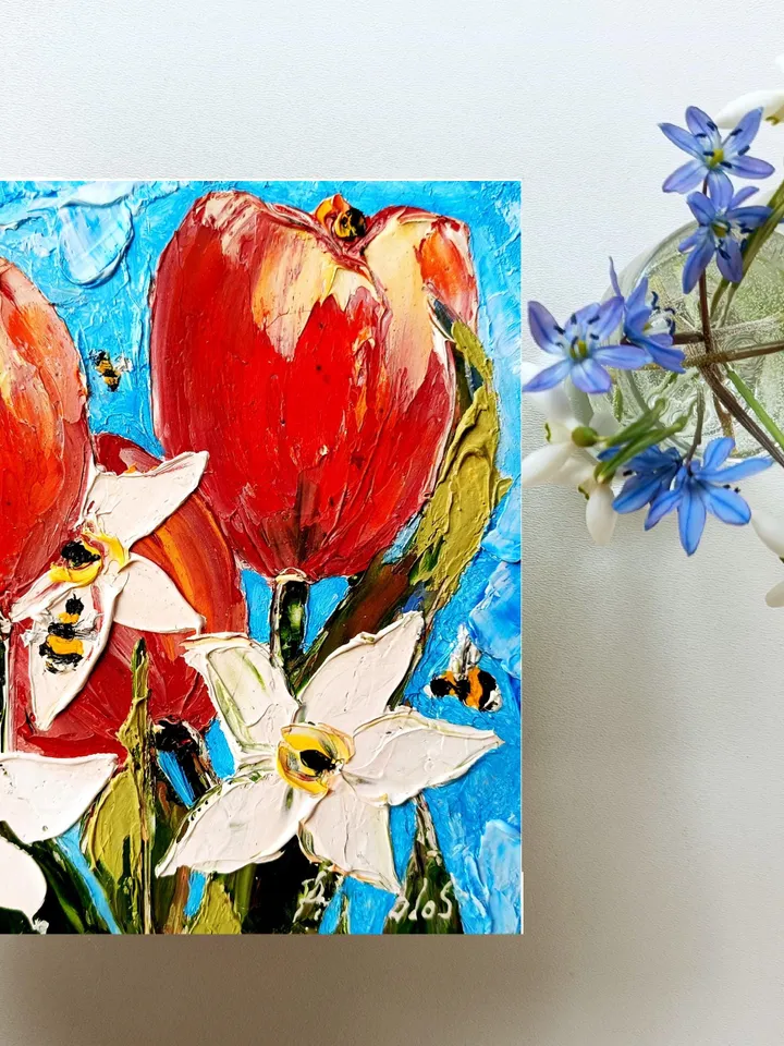Daffodils Painting Tulip Honeybee Original Art Flowers Impasto Artwork Oil Meadow Wall Art 6x6 by ArtProkopaloSv