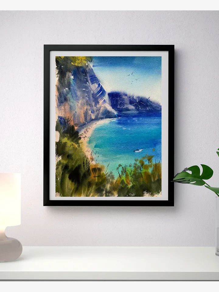 Watercolor landscape seascape painting  blue colours
