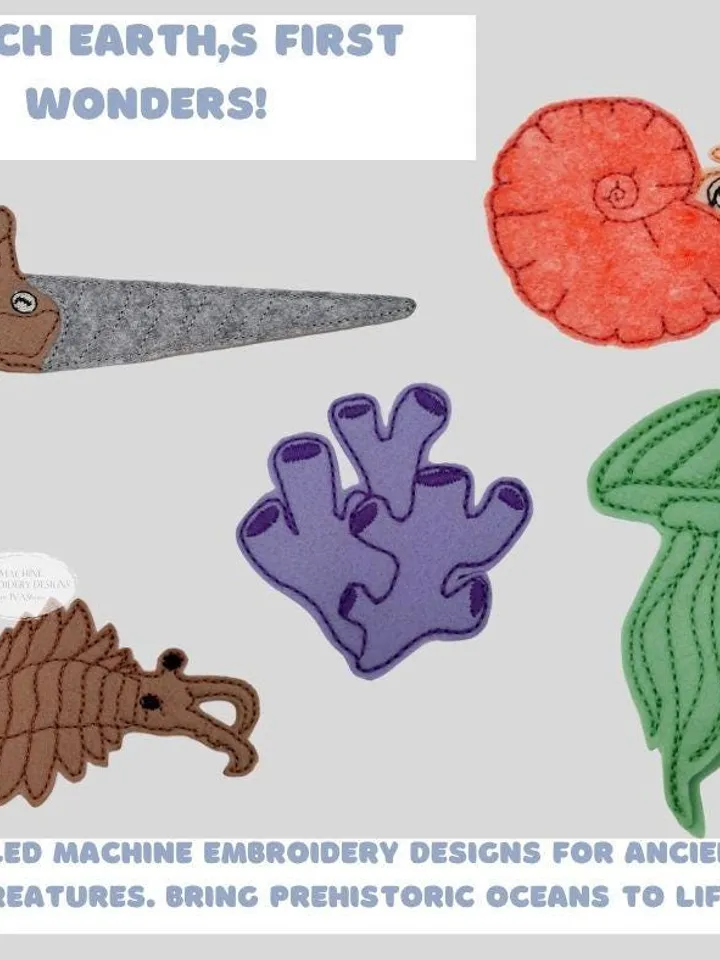ITH ocean animals designs Felt Ancient Ocean Creatures - Embroidery Designs + PDF Story & Stones Template | Grandpa Oaky Adventures 4x4