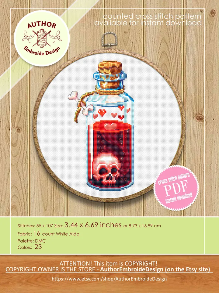 Witch bottle cross stitch pattern download PDF Gothic cross stitch chart, Magic potion bottle, Skull embroidery PDF, Gothic halloween #H55