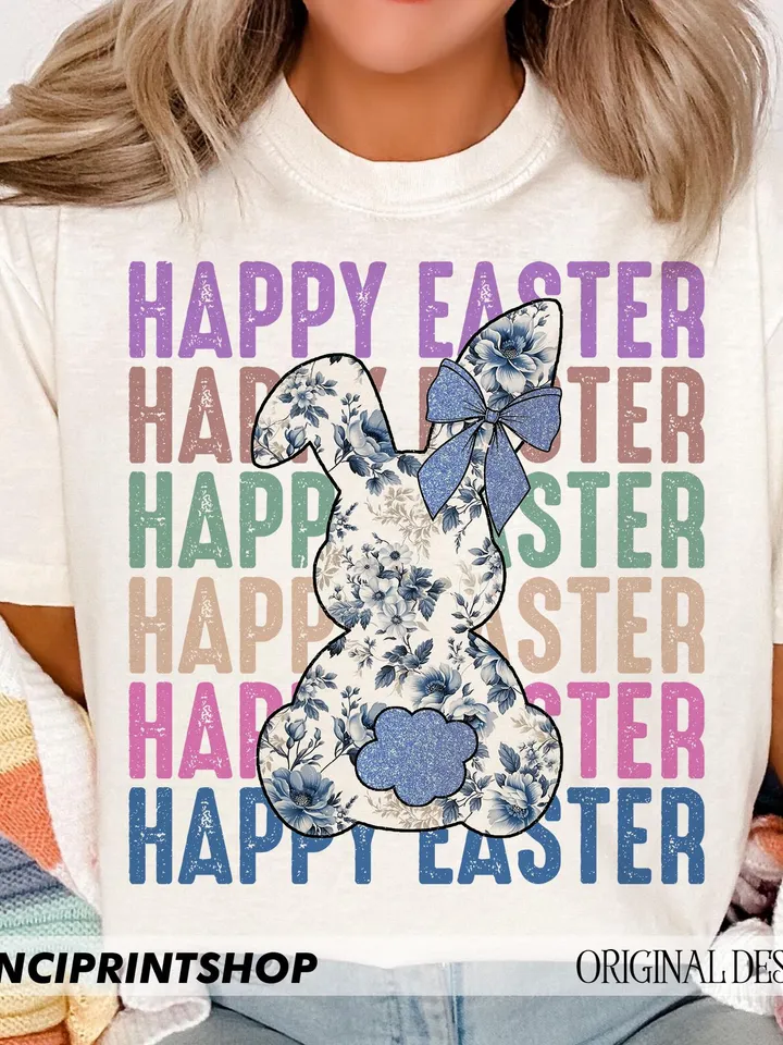 Happy Easter Stacked Blue Floral Chinoiserie Bunny Rabbit Printable, Happy Easter Bunny PNG, Easter Bunny png, Easter png, Bunny Sublimation
