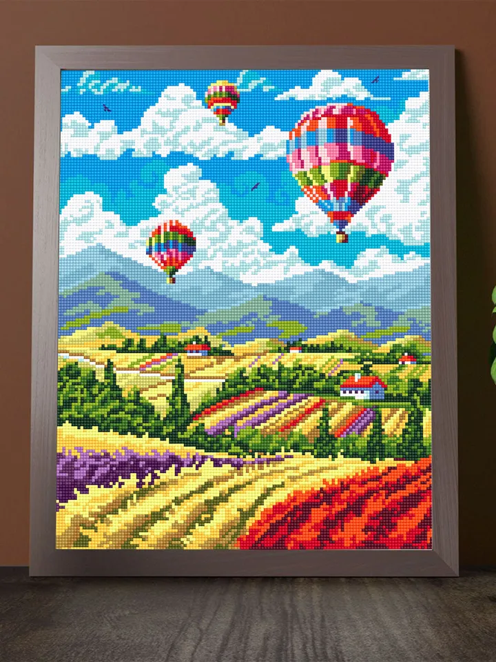 Hot air balloon over flower fields cross stitch pattern PDF download Nature cross stitch chart, Nature pattern digital PDF, Home decor #L73