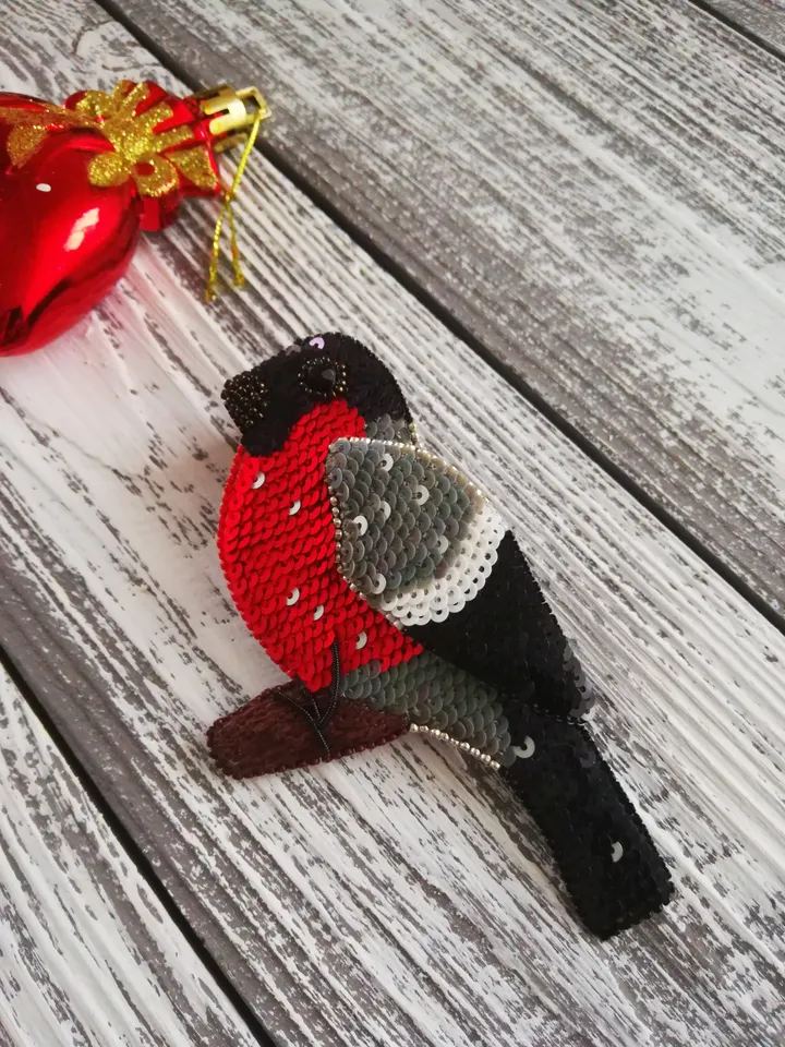 Red Bead Brooch , Embroidered Brooch , Bullfinch Brooch embroidered