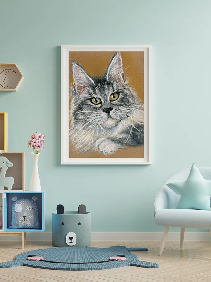 Print template, Maine Coon, Portrait of a grey cat, Animalistic , Digital file for printing and design, large poster
