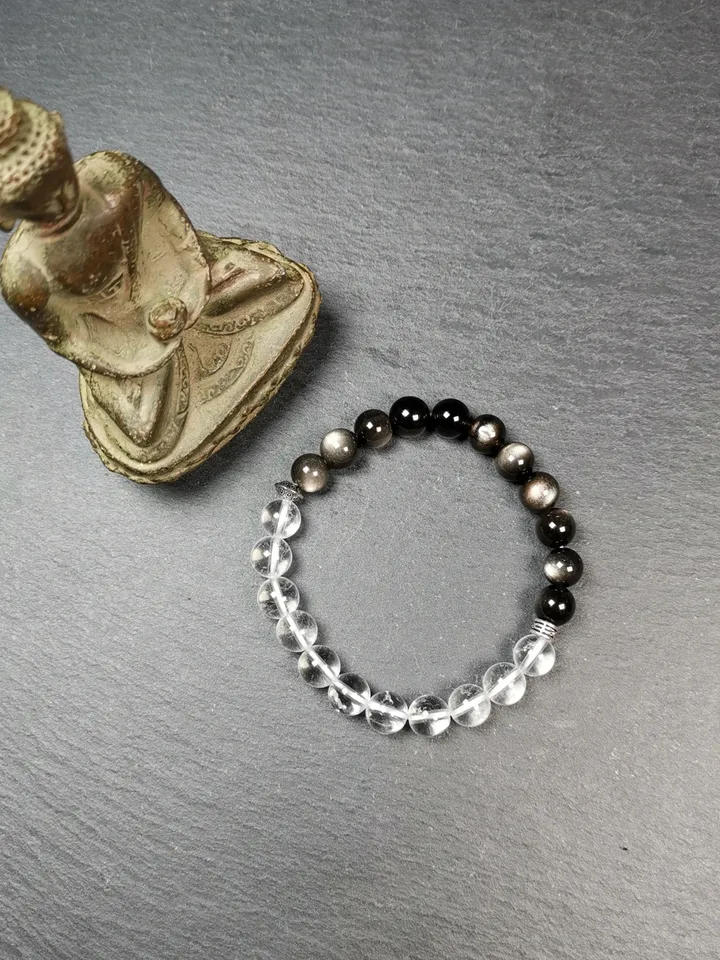 Gandhanra Handmade Tibetan Obsidian + Crystal Wrist Mala, 0.3" Prayer Beads Bracelet,7.5 inches Circumference