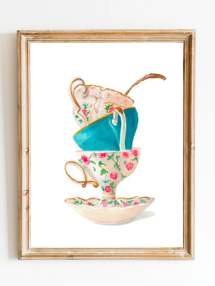 Tea Cups, Kitchen Art Wall Art, Kitchen Wall Decor Vintage Tea Cup Gift For Tea Lovers Tea Party DEecor Living Room Art Tea Wall Giclee