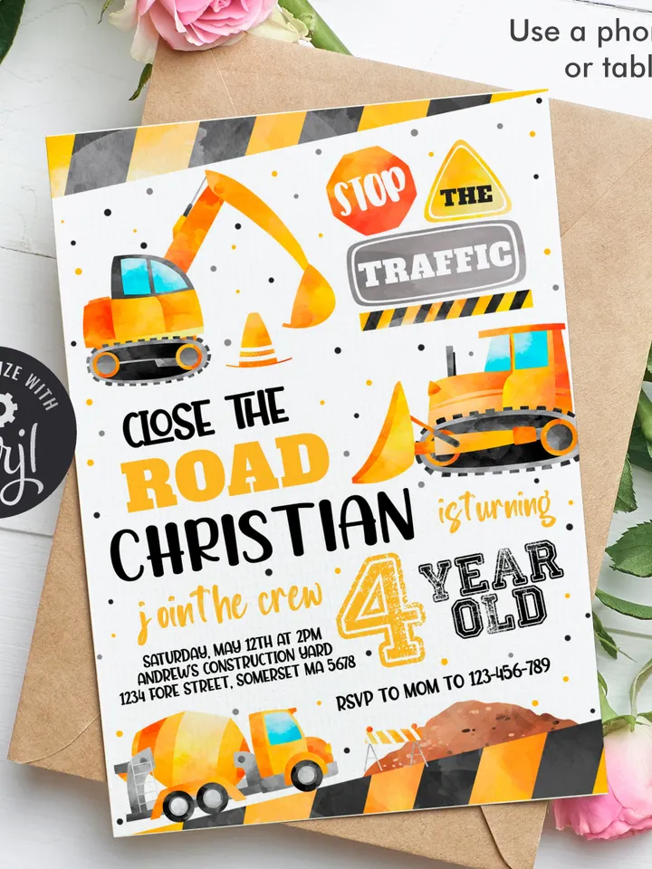 Construction Invitation, Construction Birthday Party Invitation, Dump Truck Party Invite Instant Download Editable Template Digital File