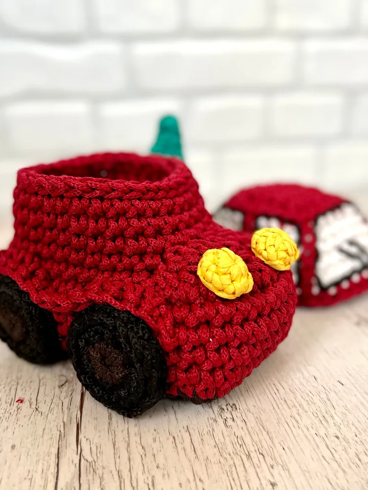 Christmas car with tree, interior basket, crochet decor, gift ornaments, sweet storage