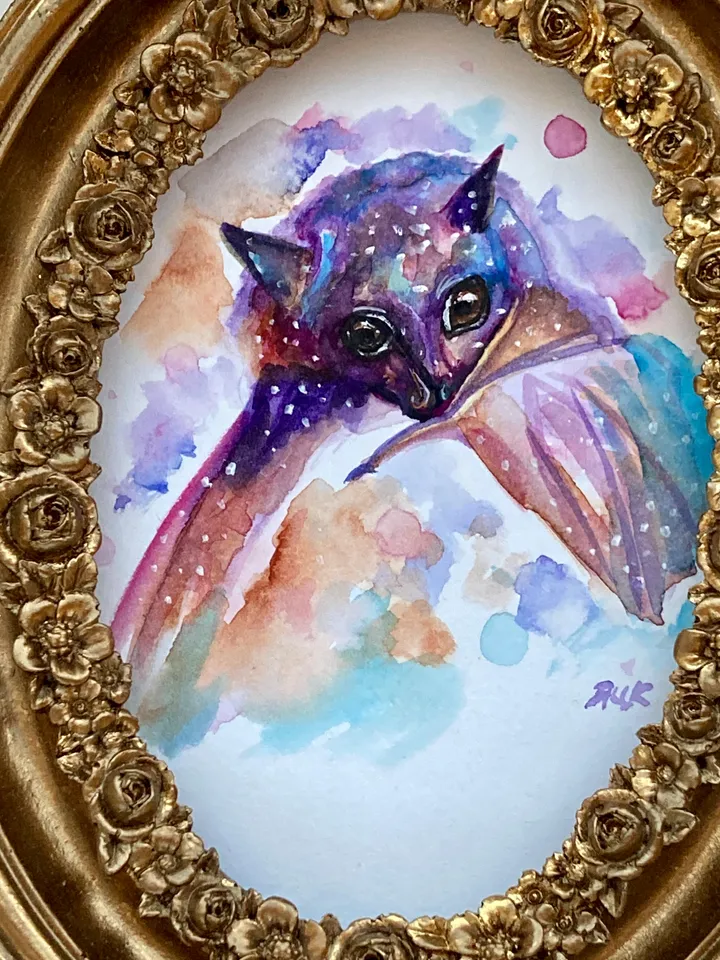 Framed Bat Watercolor Painting Original Cute Bat Art Wild Animals Decor Whimsigoth Art