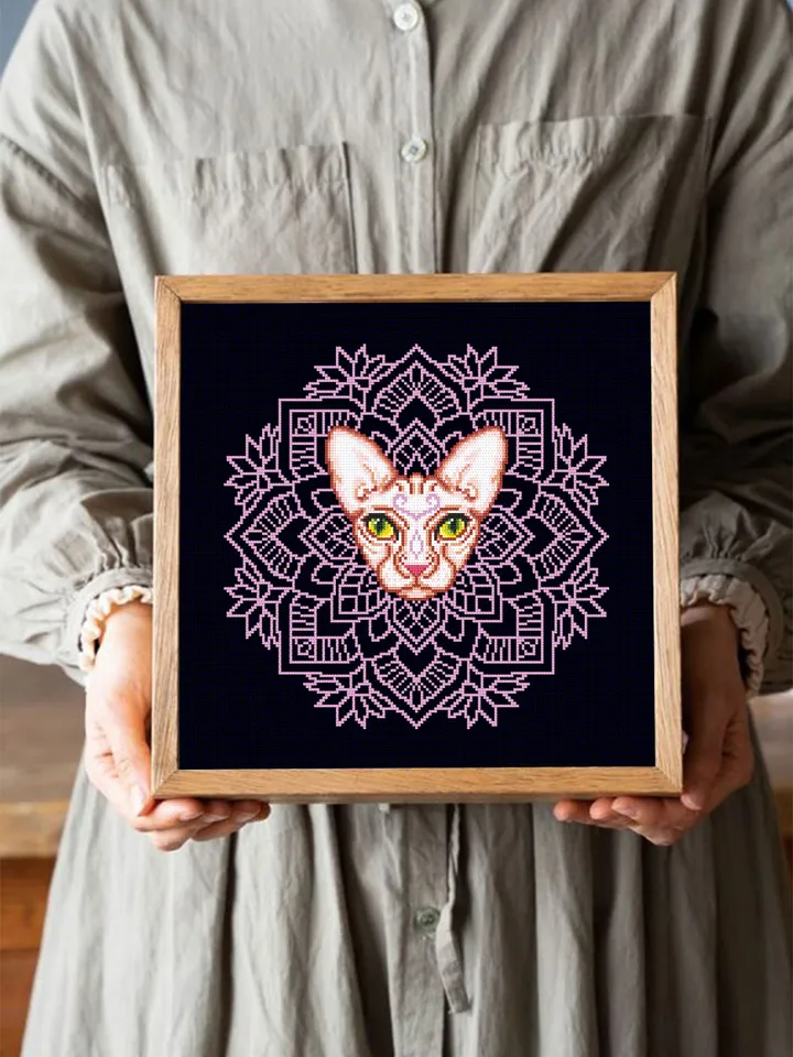 Mandala cat cross stitch pattern download PDF, Sphynx cat cross stitch chart, Easy mandala pattern digital PDF, Modern beginner stitch #M129