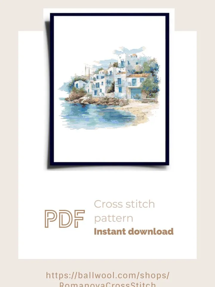 Greece Seaside cross stitch PDF pattern, Watercolor Landscape embroidery design, Instant download