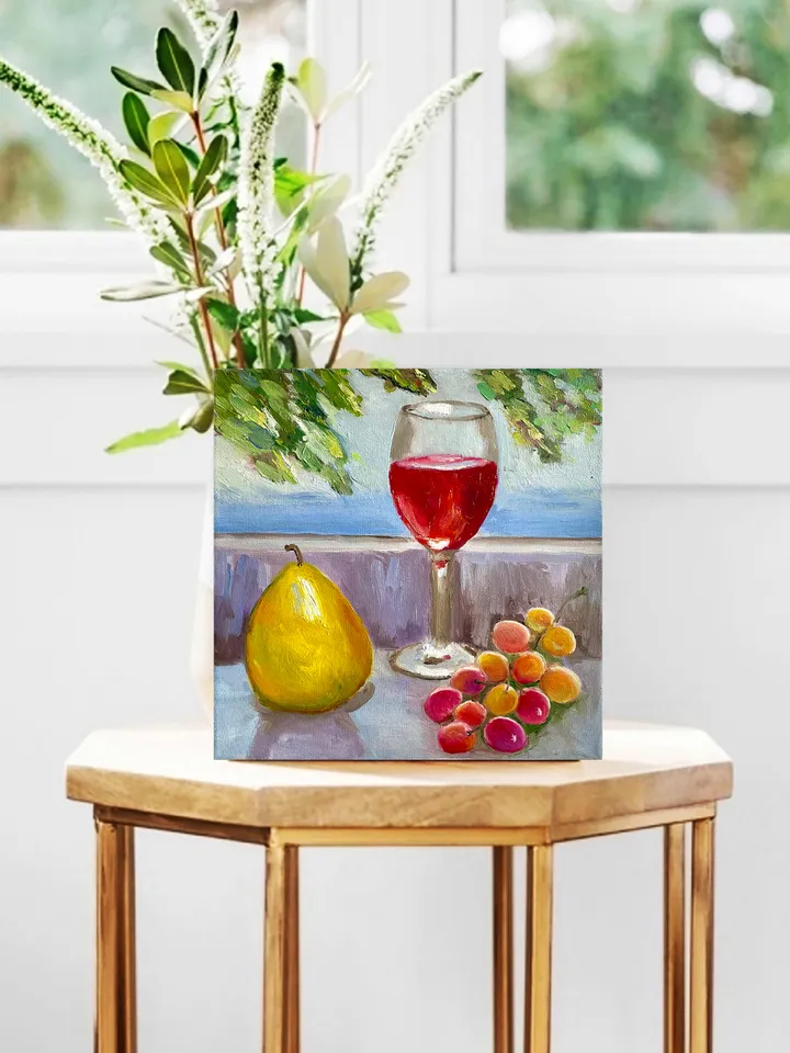 Wine Glass Painting, Original Oil Painting on Canvas, Fruit Still Life Painting 10" x 10"