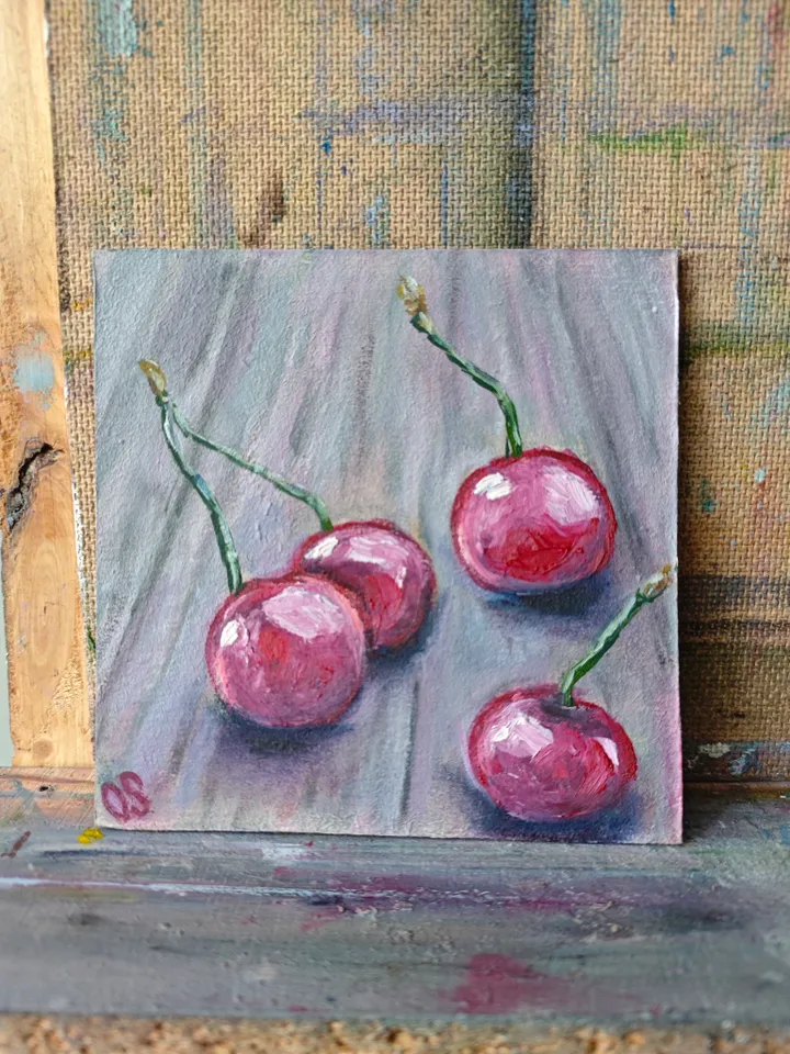 Cherries Original Painting Fruit Original Art Cherries Modern Artwork Bright Cherry Oil Painting Cherry Fruit Wall Art Decor 5 x 5 inches by OlgaSokolovaArt