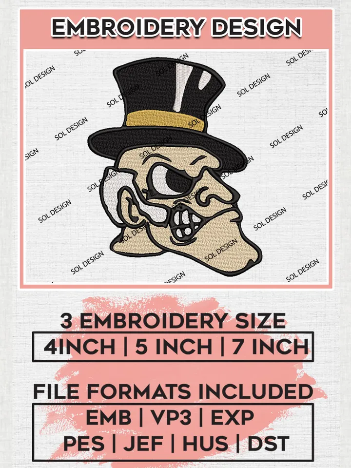 Wake Forest Demon Deacons Mascot Embroidery Designs, NCAA Logo Embroidery Files, NCAA Wake Forest Demon Logo, NCAA Embroidery Designs, Machine Embroidery Designs, Digital Download