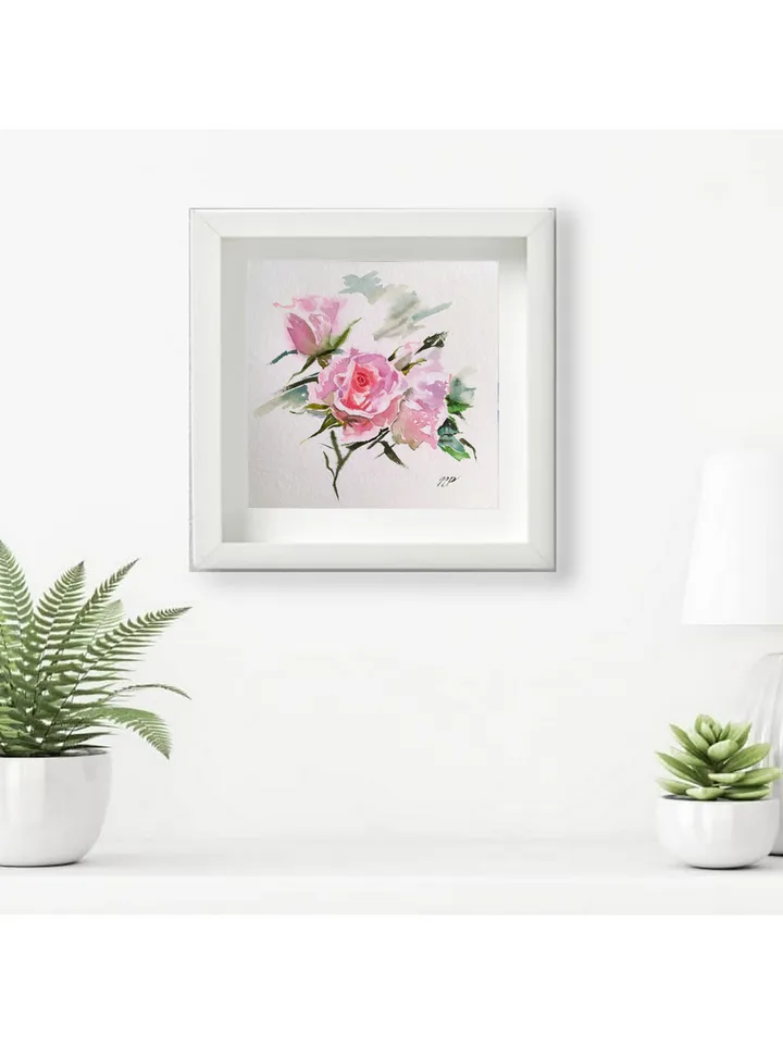 Rose Painting Floral original art 6 by 6 Pink Flower watercolor Pink rose wall art Rose aquarelle by Natalia Plotnikova