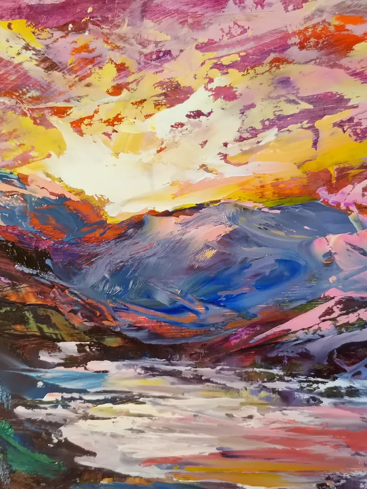 Lake Island Flowers Sunset Mountains Original Art Oil Painting impasto Artist Svinar Oksana