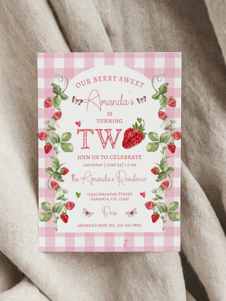 Editable Strawberry Two Sweet 2nd Birthday Party Invitation Berry First Birthday Invitation Summer Berries 2nd Birthday Instant Download