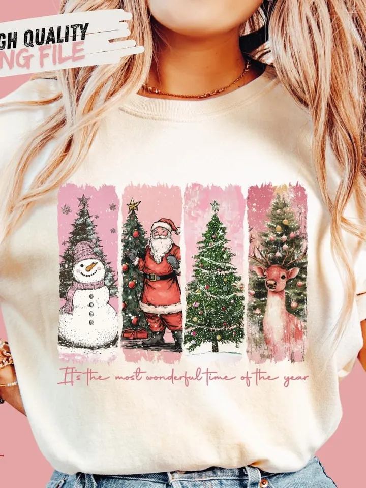 Pink It's the most wonderful time of the year png, Santa Claus png, Vintage Christmas png, Christmas Coquette bow png, Reindeer snowman png
