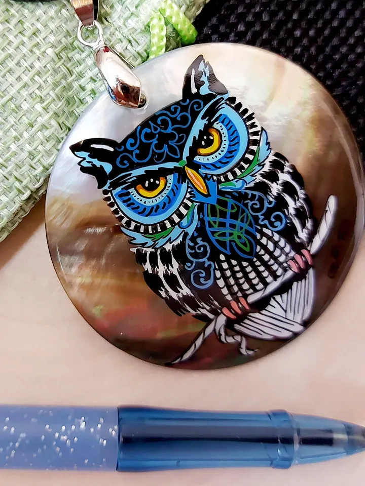 Pearl pendant necklace: Mosaic Eagle owl hand painted on gorgeous animal pendant. Graceful handmade jewelry. Unique gift for grandmother
