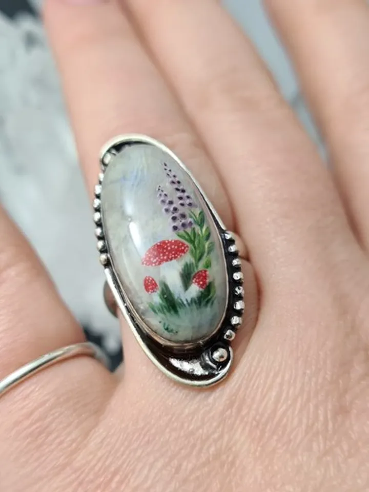 Moonstone ring Stone painting fly agaric Aaa large Moonstone ring 飛木耳環