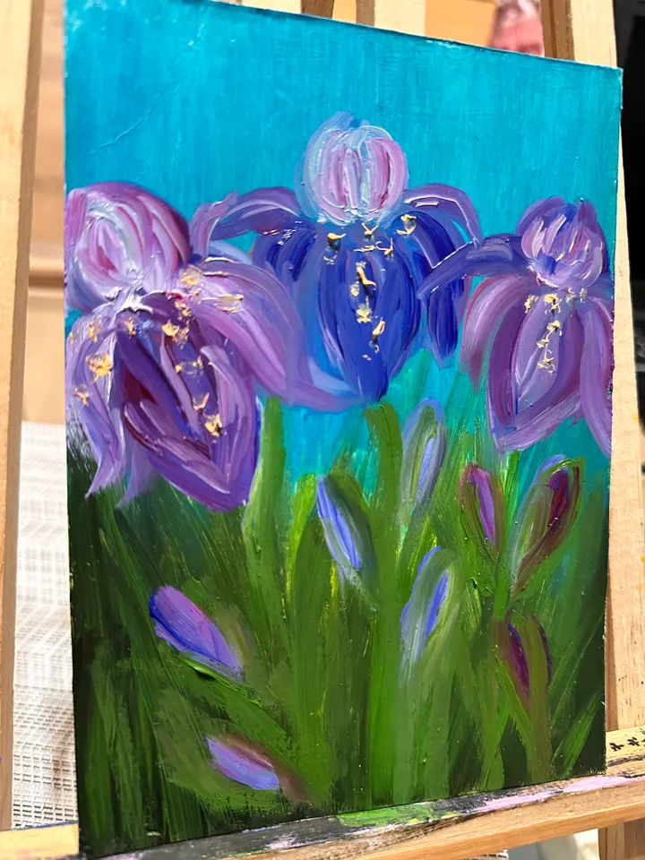 Oil Painting Irises Abstraction Flowers 3D Image of Nature Wall Decor Miniature Cardboard 7x5 inches 18x12 cm New without Frame