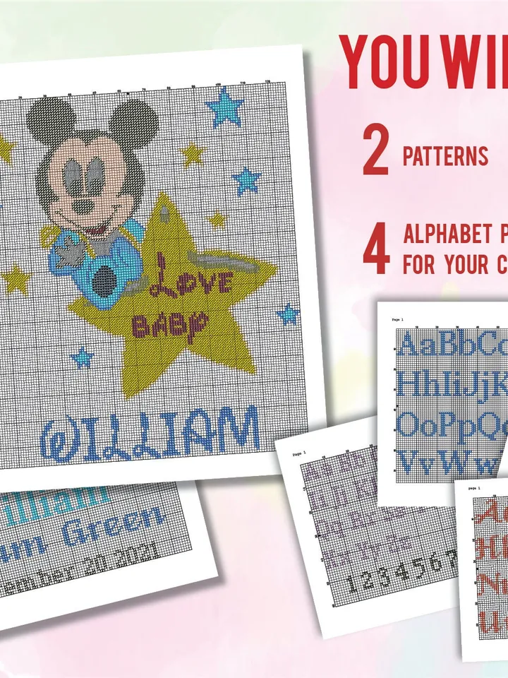 Mickey Birth announcement cross stitch pattern, Mouse, baby, personalized, boy nursery, counted, chart, gift DIY, embroidery, instant PDF