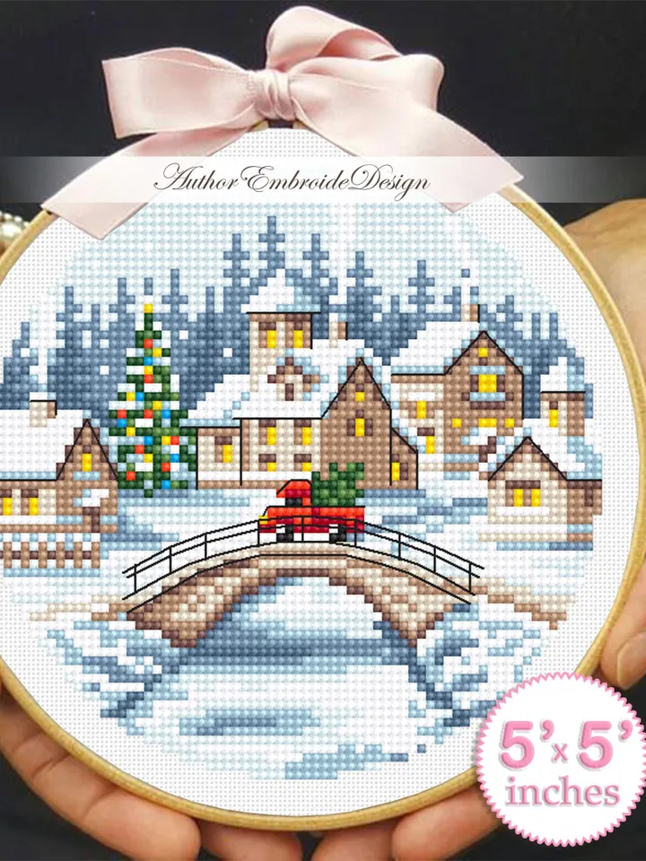 Christmas village cross stitch pattern PDF download Winter landscape cross stitch chart, Christmas pattern digital PDF, Snow landscape #N183
