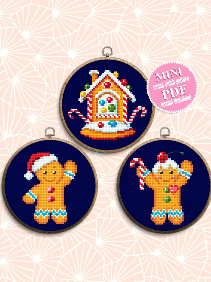 Christmas set cross stitch pattern PDF Sampler small gingerbread man gingerbread house beginners embroidery Christmas cross stitch card #S60