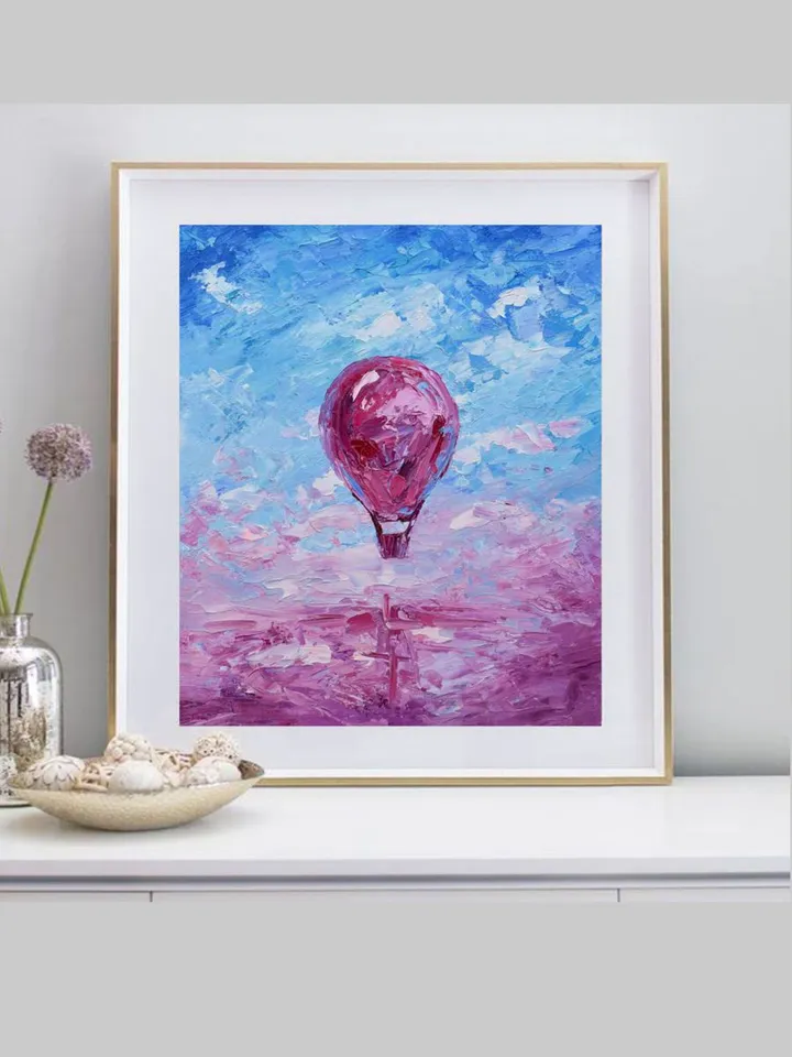 Hot Air Balloon Painting Original Art Pink lake Artwork 10 by 12" Skyscape Oil Painting by Juliya JC
