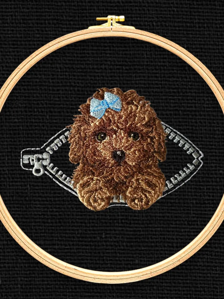 Poodle in a zipper pocket Miniature realistic machine embroidery design Pet design Dog realistic pattern Poodle embroidery pattern