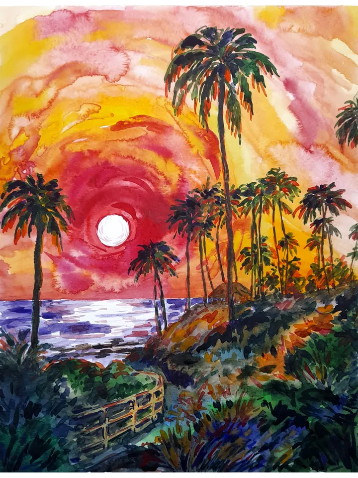 Laguna Beach Painting Sunset Original Art California Painting Watercolor Art Palm Tree Artwork 14 by 11 by TatianaArtShop