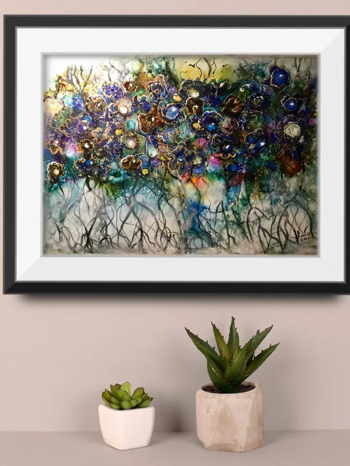 Dancing forest-Abstract fantasy alcohol inks mix media painting on yupo paper,wall decoration,one of a kind,abstract flower wood unique gift