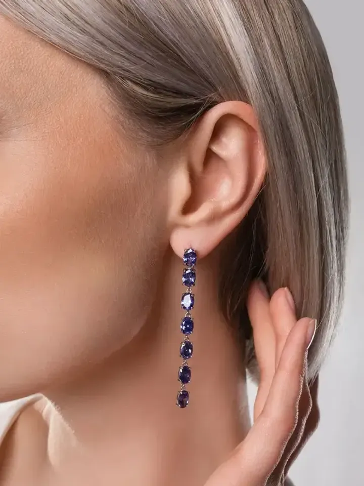 Women's long earrings silver 925 with tanzanite