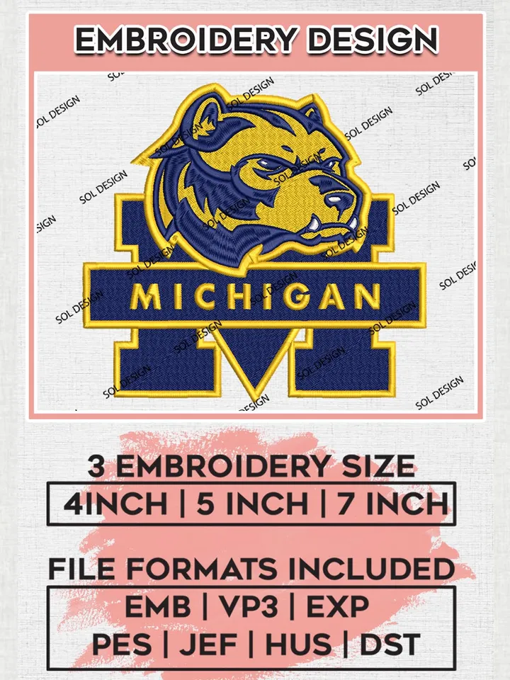 NCAA Michigan Wolverines Team Mascot Logo Machine Embroidery Design, NCAA Michigan Wolverines Team Design Design files, NCAA Team Embroidery Designs, NCAA Machine Embroidery Designs, Digital Download