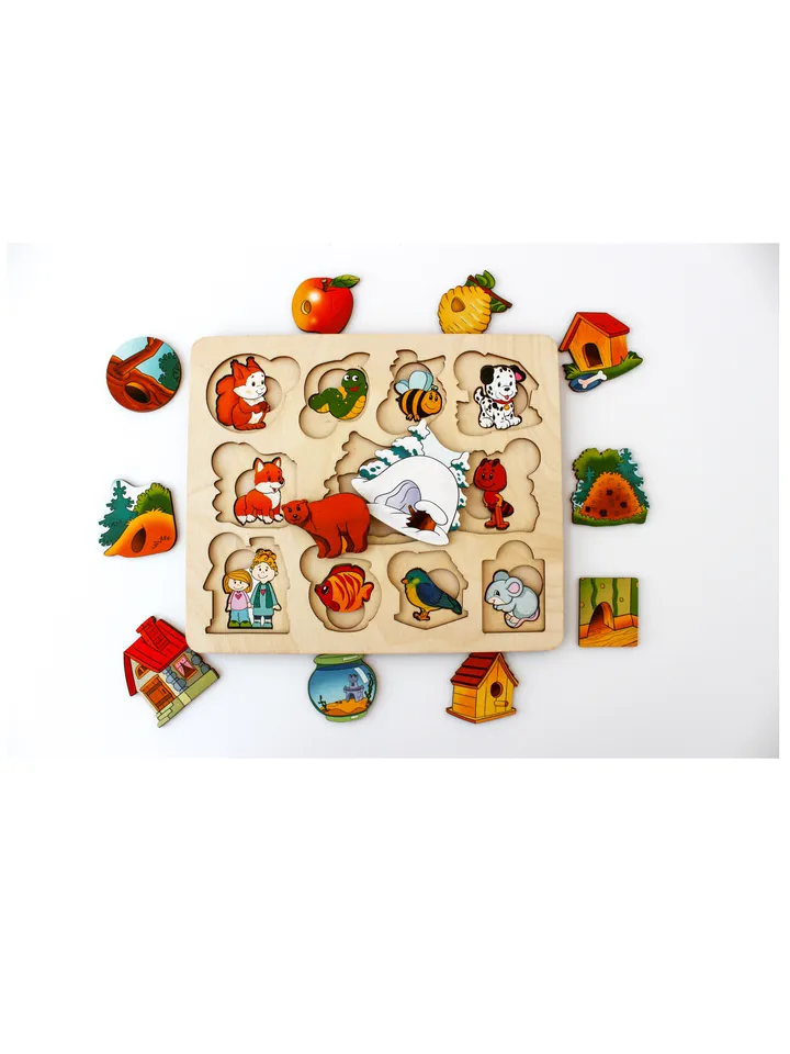 Wooden Puzzle - animals and houses, Montessori toddler toy, jigsaw board