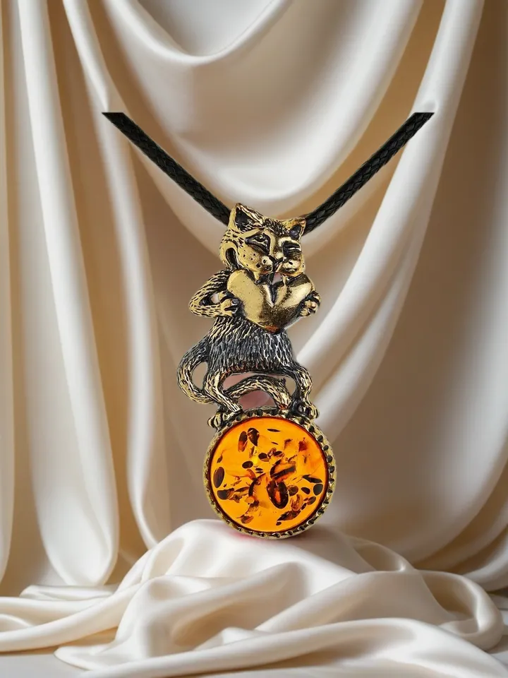 Cat with Heart Necklace Cord Cat Jewelry Gold Tone Brass with Baltic Amber Pendant Jewelry for children women men