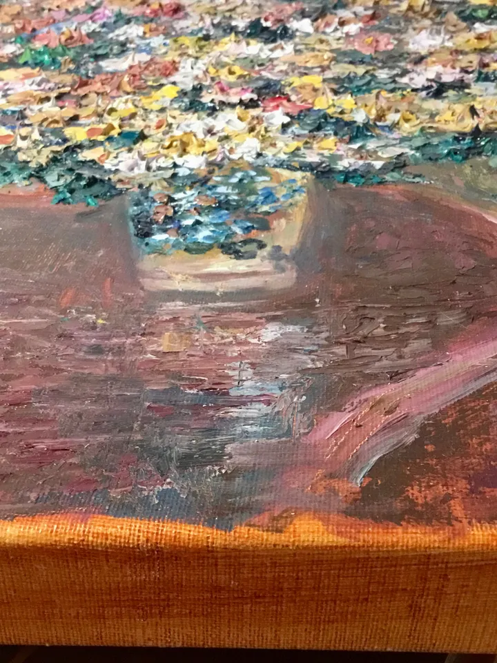 Colourful bouquet of flowers in a vase,one of a kind,impressionistic textured impasto oil painting on 3d stretched canvas,wall decoration.