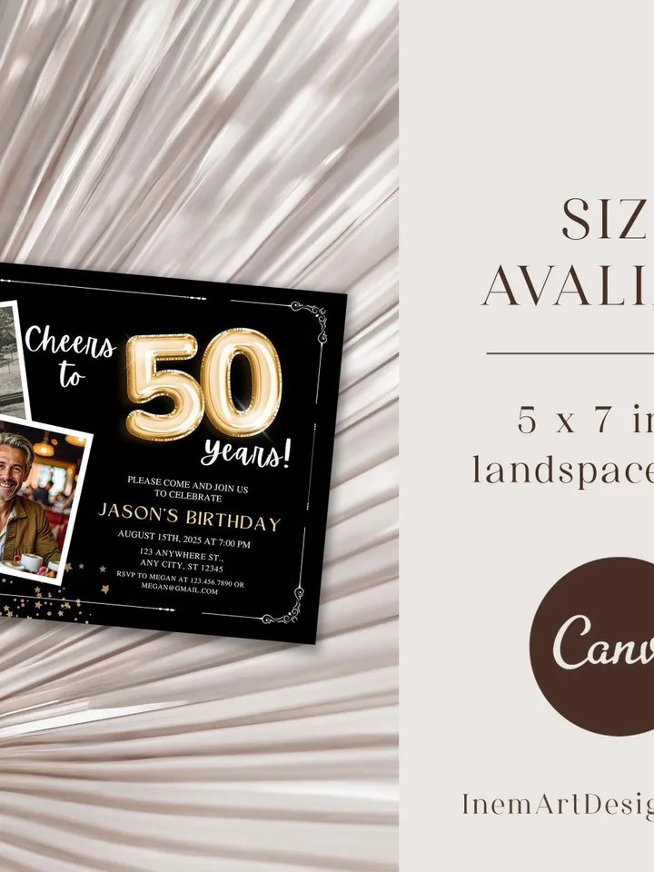 50th Birthday Invitation with Photo Adult Women Men Cheers to 50th Birthday Invite Black and Gold Party Card for Grandma Canva Template