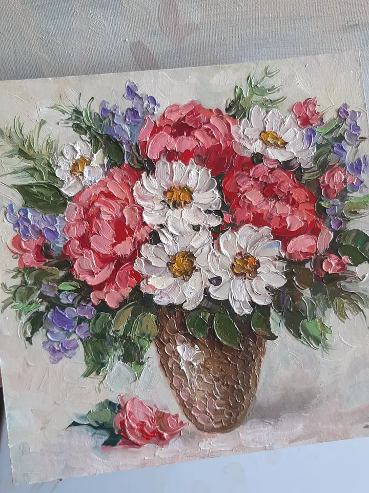Small Flower oil painting Wildflowers Original art Textured Vaze wall art Yellow flowers painting