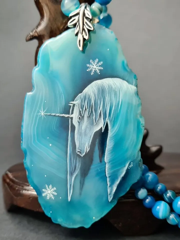 Unicorn necklace real oil painting Miniature on agate One of a kind Present OOA