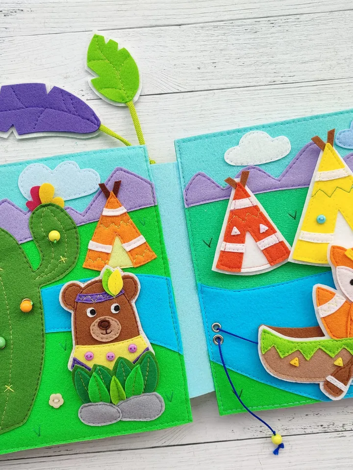 Indians Quiet book pattern, Felt activity book pattern pdf, DYI Quiet book sewing ideas for kids 2, 3, 4 year old, Baby soft book tutorial