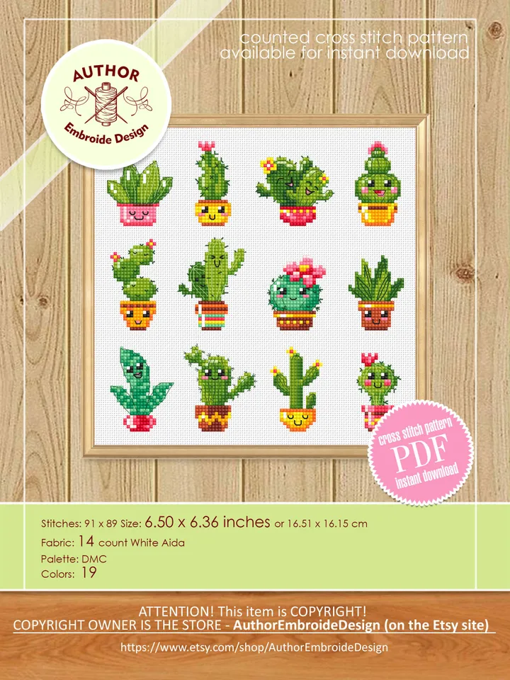 Kawaii cactus cross stitch pattern PDF download Funny succulent plants cross stitch chart, Cactus pattern digital PDF, Plant lover gift #P48